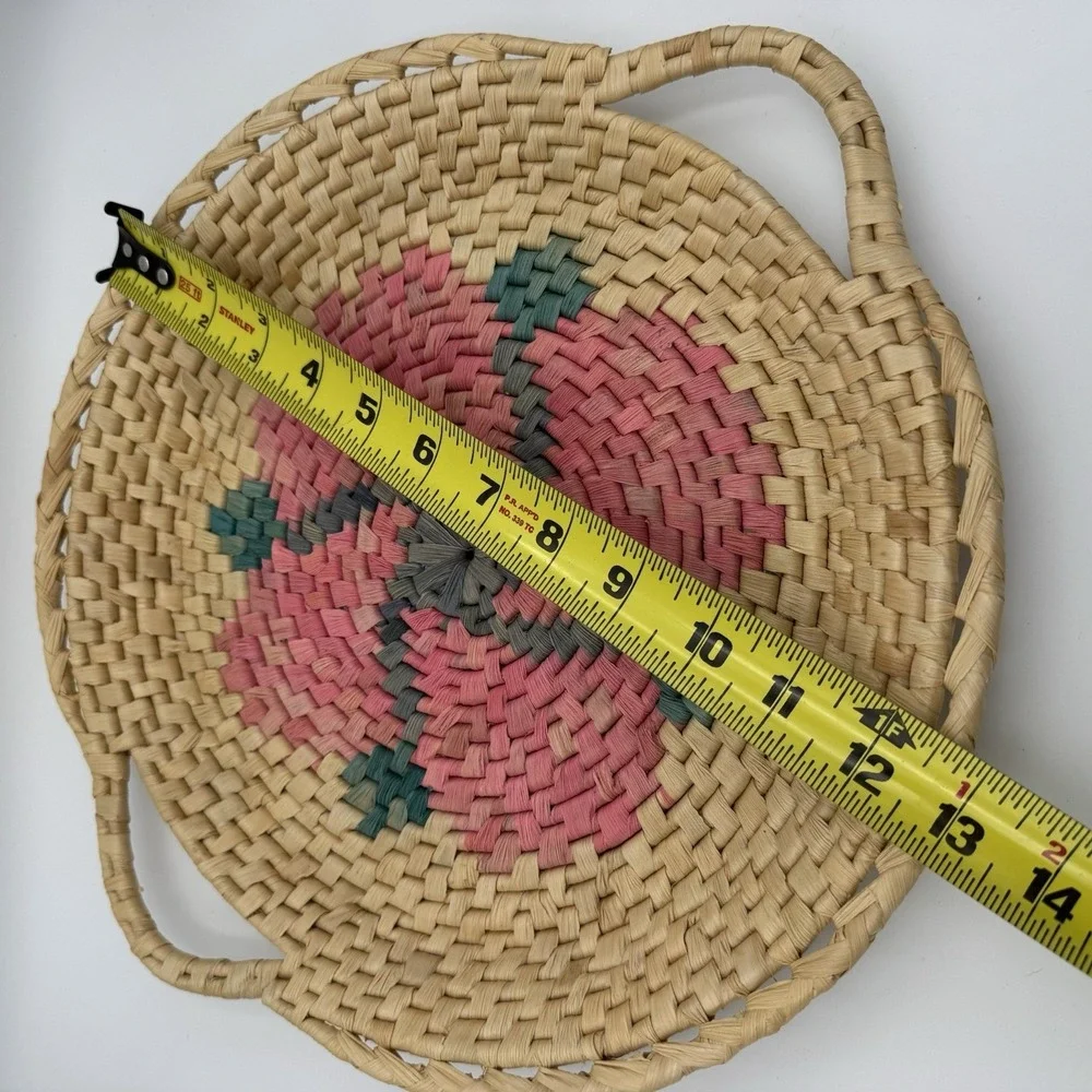 Handwoven Geometric Seagrass Straw Basket Tray w Handles Co Green Pink Flora 13